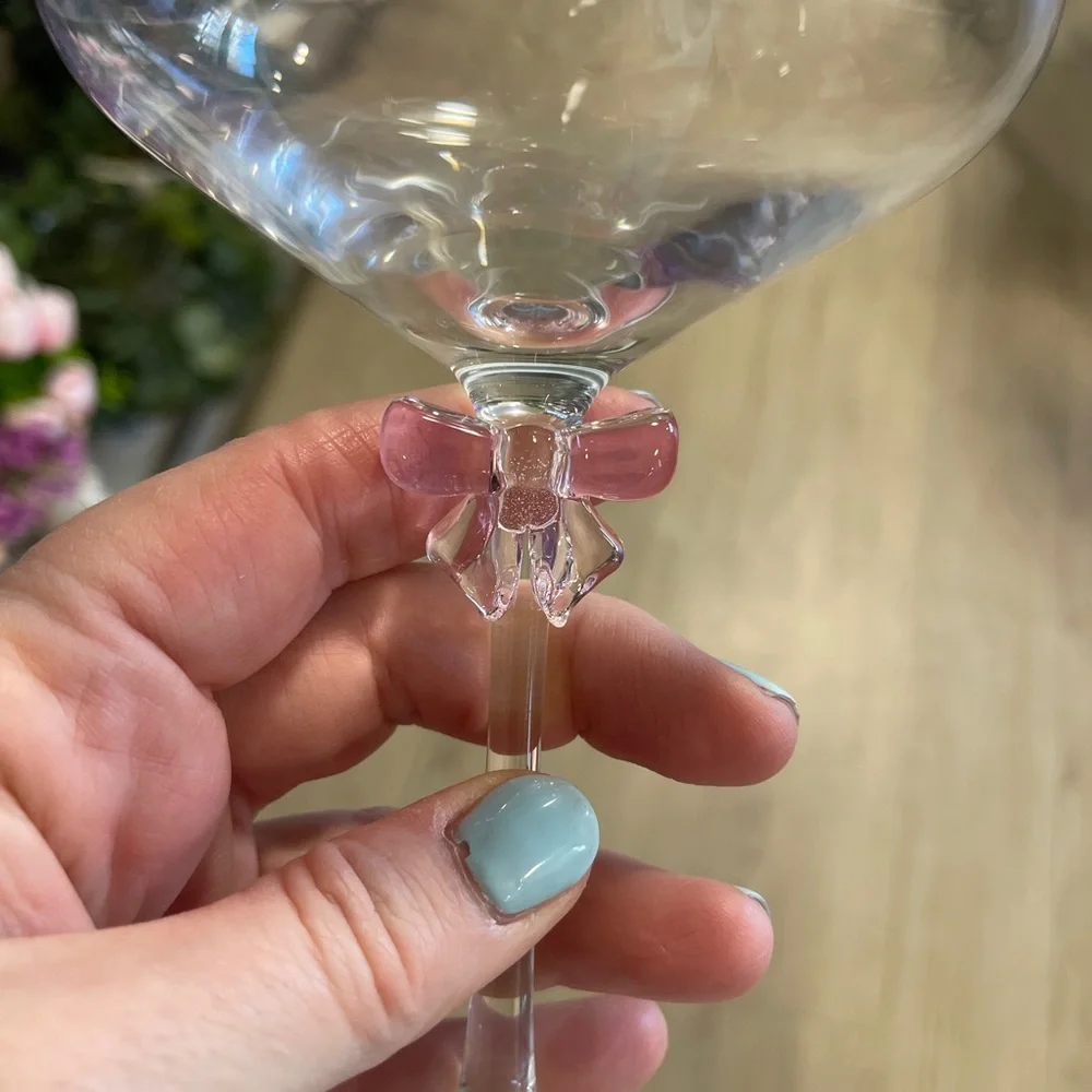 Pink Bow Ribbon Coquette Glass  WineGlasses Set of 2 NWT Godinger